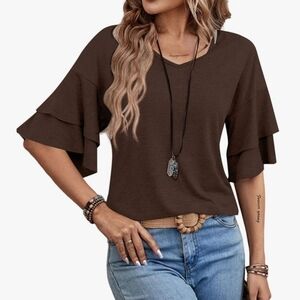 Elegant Brown Ruffle Sleeve Top